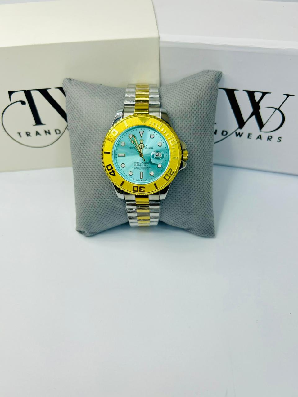 Bazel Style 2-Tone Men’s Watch – Sky Blue Dial, Stainless Steel Gold & Silver Strap, Luxury Waterproof Wrist Watch