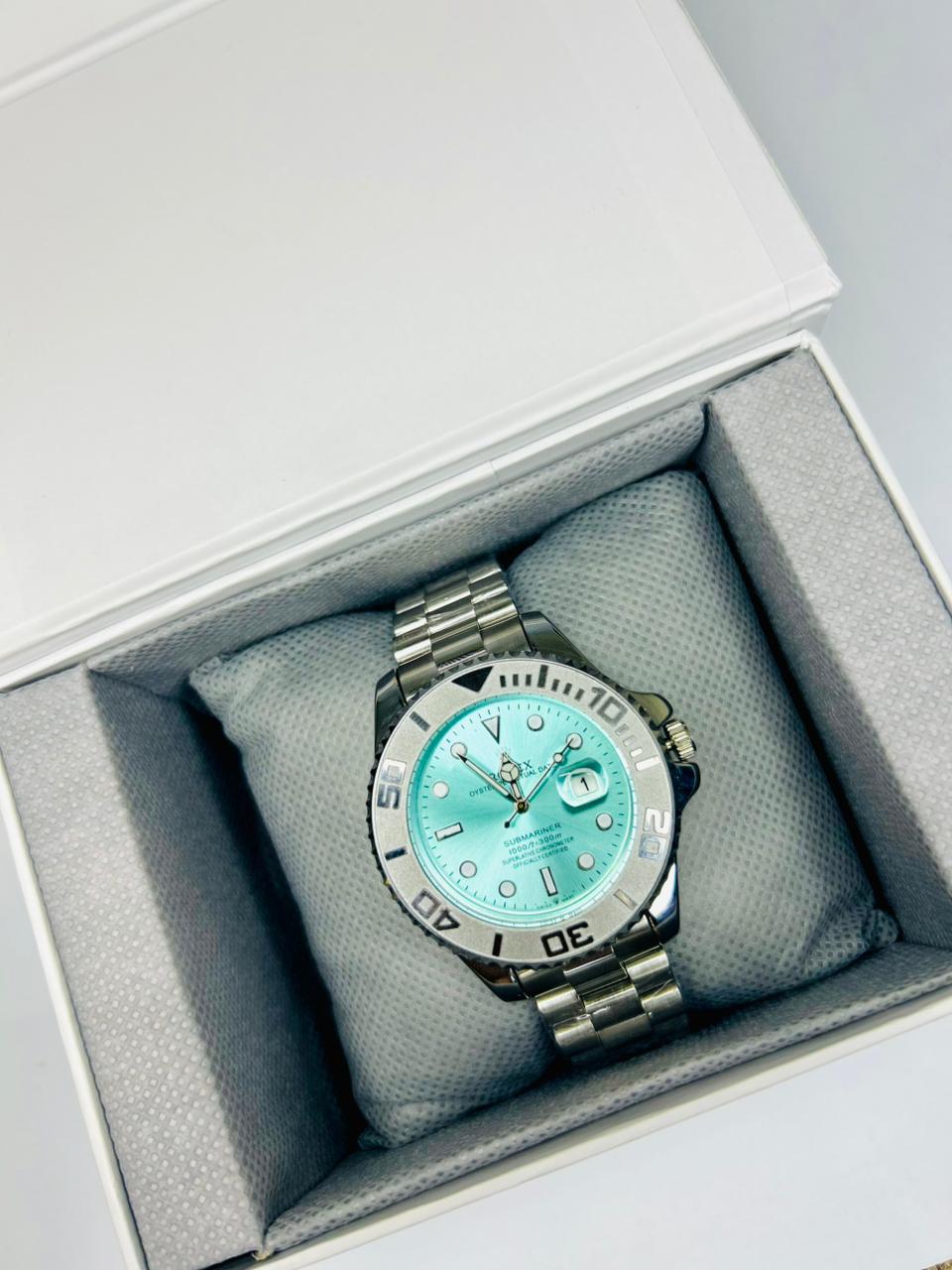 Bazel Style Silver Tone Men’s Watch – Sky Blue Dial, Stainless Steel Strap, Luxury Waterproof Wrist Watch
