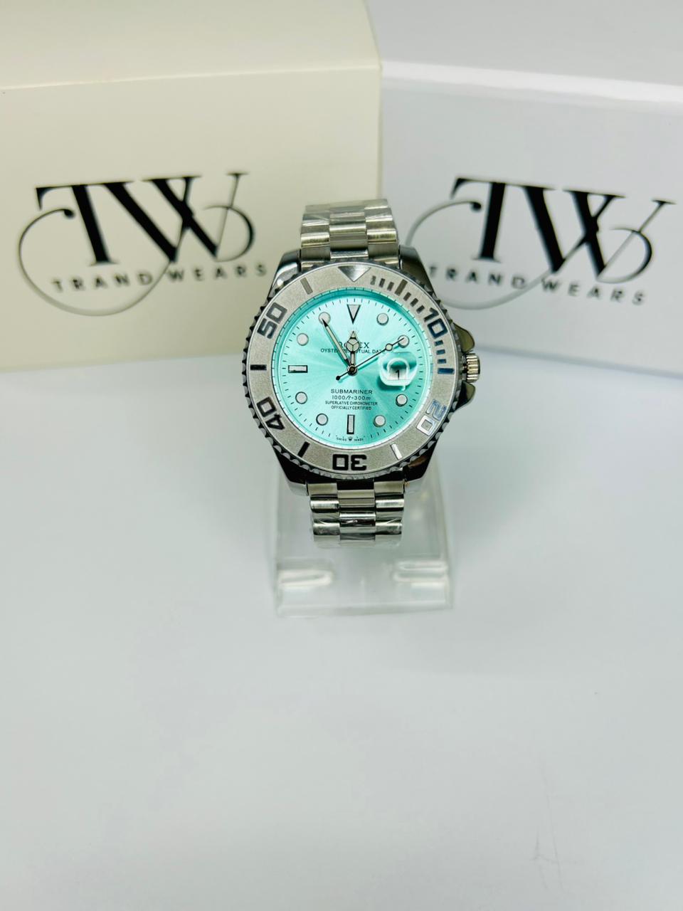 Bazel Style Silver Tone Men’s Watch – Sky Blue Dial, Stainless Steel Strap, Luxury Waterproof Wrist Watch