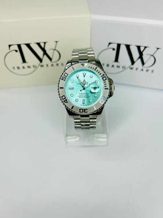 Bazel Style Silver Tone Men’s Watch – Sky Blue Dial, Stainless Steel Strap, Luxury Waterproof Wrist Watch