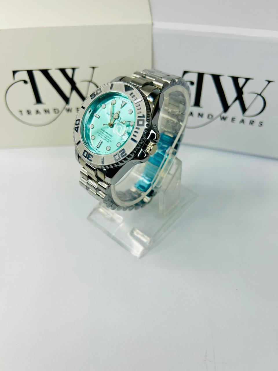 Bazel Style Silver Tone Men’s Watch – Sky Blue Dial, Stainless Steel Strap, Luxury Waterproof Wrist Watch