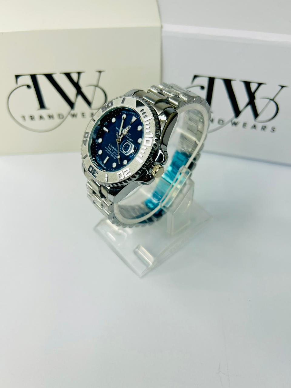 Bazel Style Silver Tone Men’s Watch – Royal Blue Dial, Stainless Steel Strap, Luxury Waterproof Wrist Watch