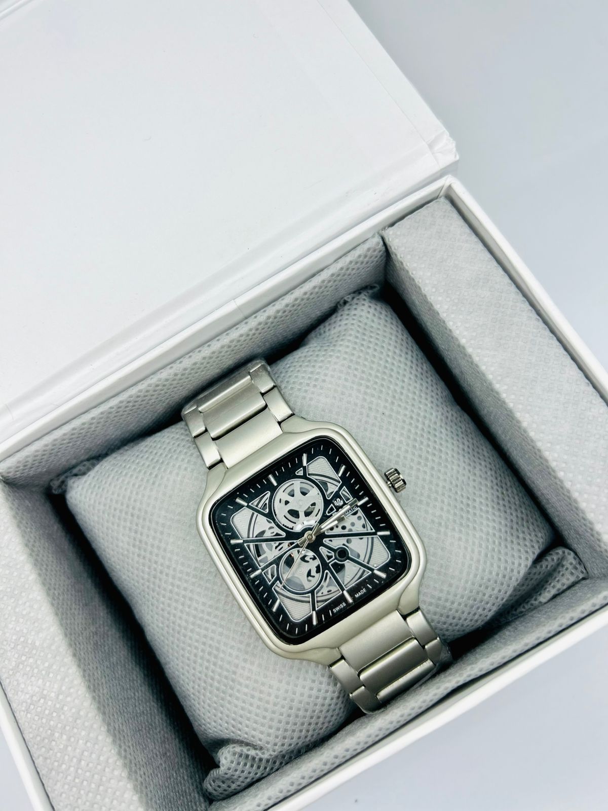 Men’s Square Dial Watch – blue Dial, Silver Stainless Steel Strap, Modern Luxury Analog Wrist Watch