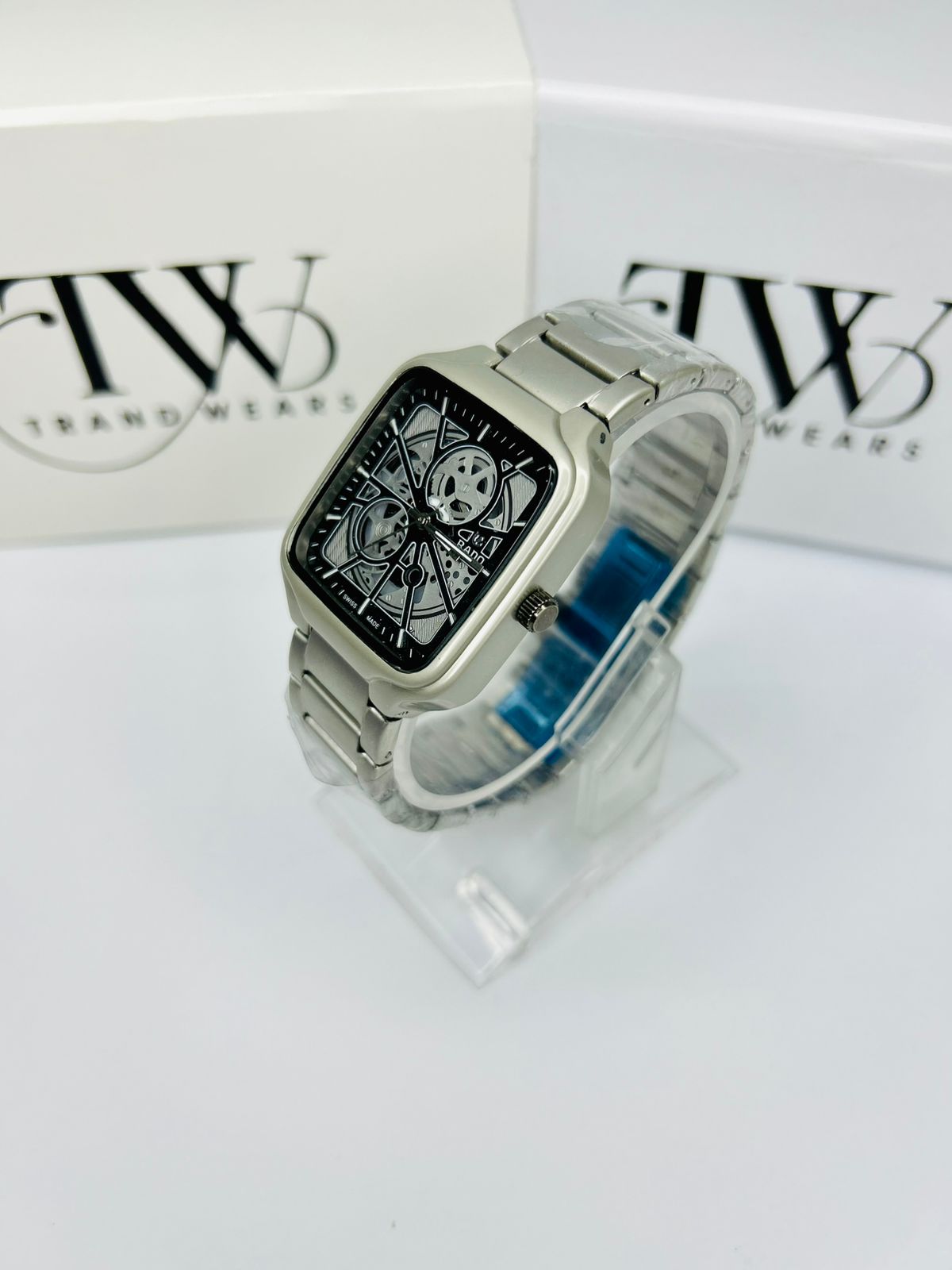 Men’s Square Dial Watch – Black Dial, Silver Stainless Steel Strap, Modern Luxury Analog Wrist Watch