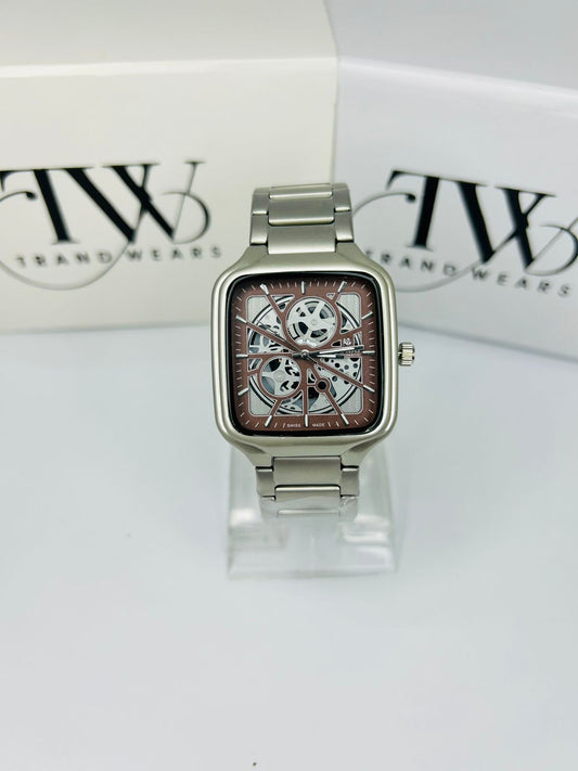 Men’s Square Dial Watch – Brown Dial, Silver Stainless Steel Strap, Modern Luxury Analog Wrist Watch