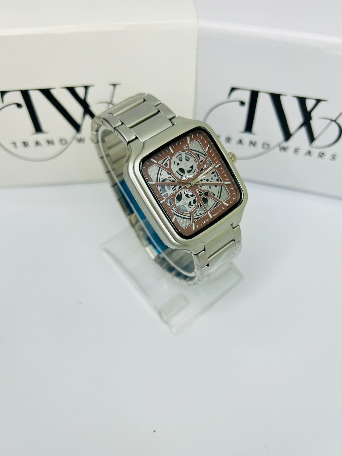 Men’s Square Dial Watch – Brown Dial, Silver Stainless Steel Strap, Modern Luxury Analog Wrist Watch