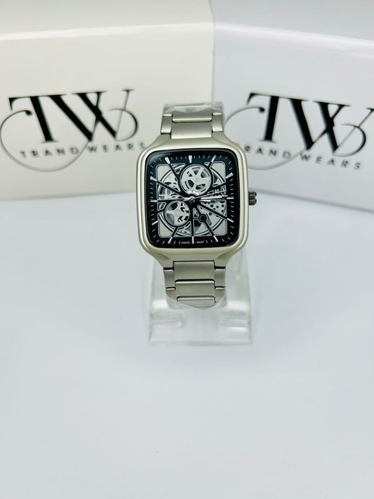 Men’s Square Dial Watch – Black Dial, Silver Stainless Steel Strap, Modern Luxury Analog Wrist Watch