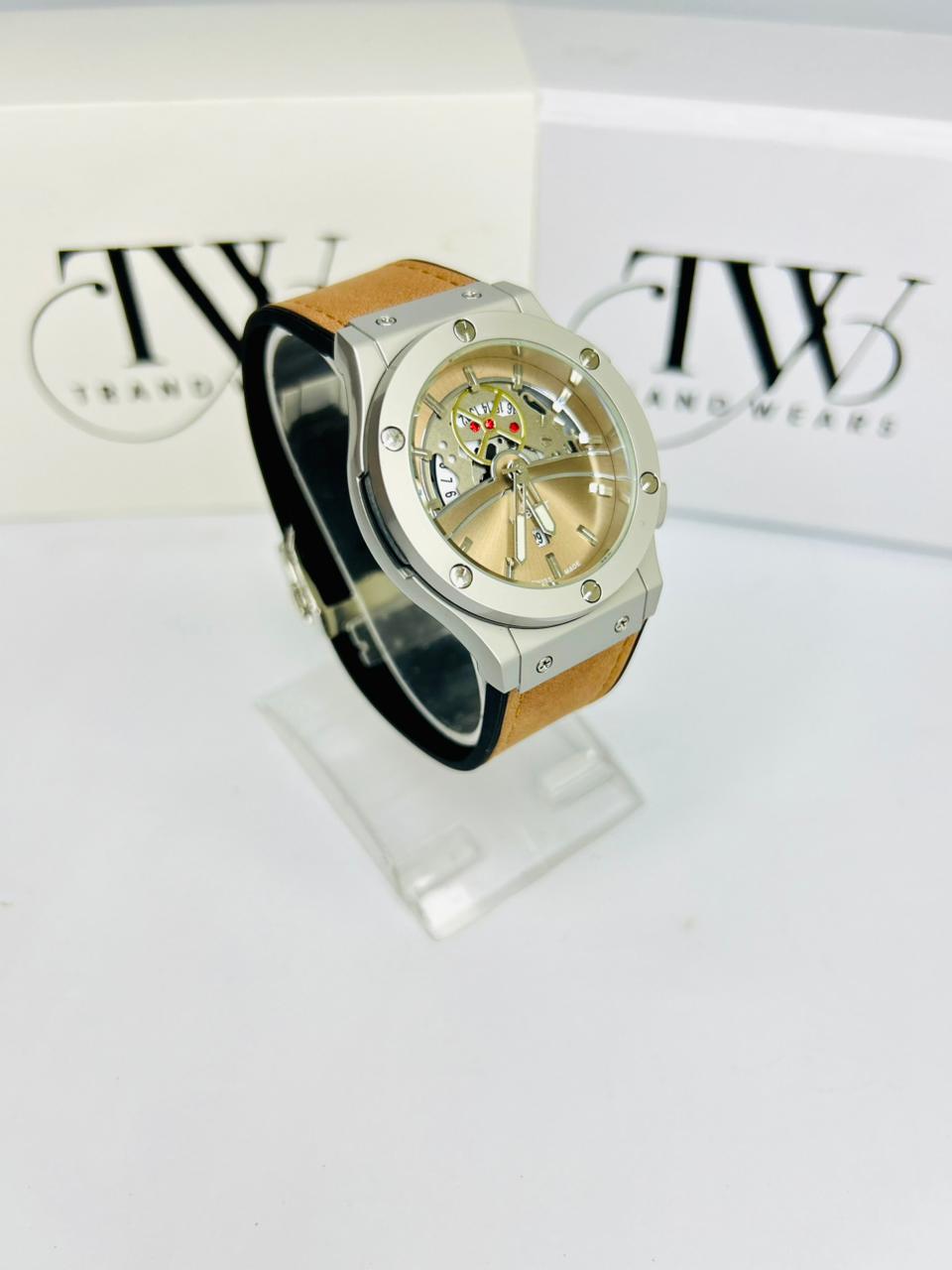 HB Men’s Watch – Brown Leather Strap, Gold Dial, Luxury Classic Analog Wrist Watch