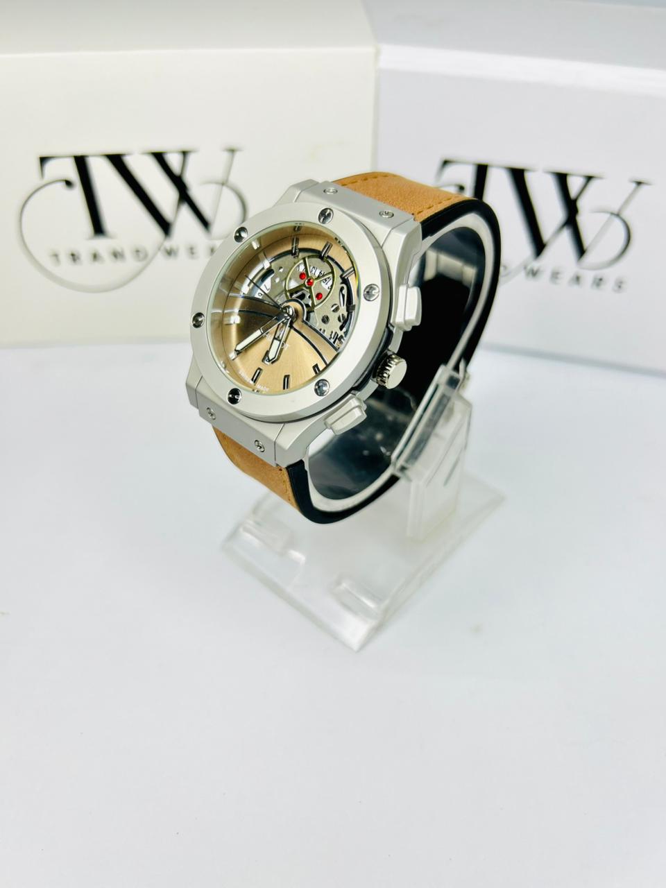 HB Men’s Watch – Brown Leather Strap, Gold Dial, Luxury Classic Analog Wrist Watch