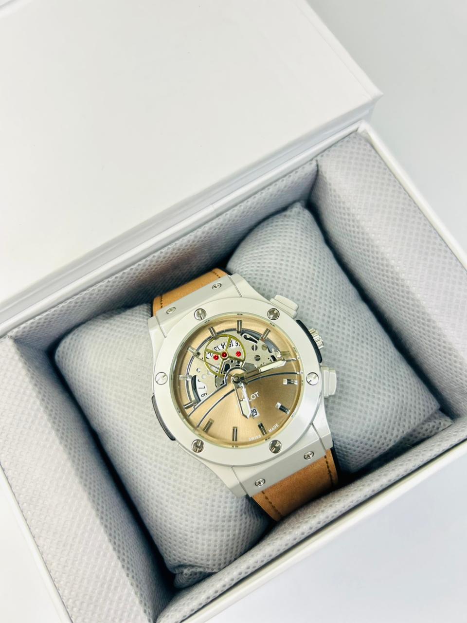 HB Men’s Watch – Brown Leather Strap, Gold Dial, Luxury Classic Analog Wrist Watch