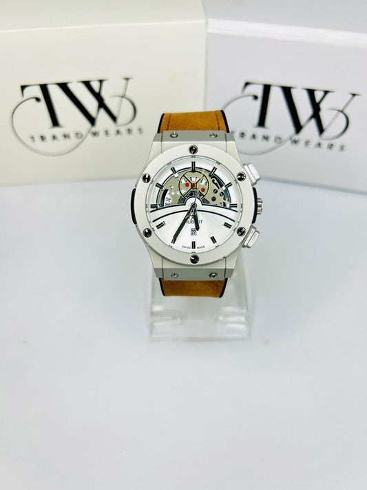 HB Men’s Watch – Brown Leather Strap, White Dial, Luxury Classic Analog Wrist Watch