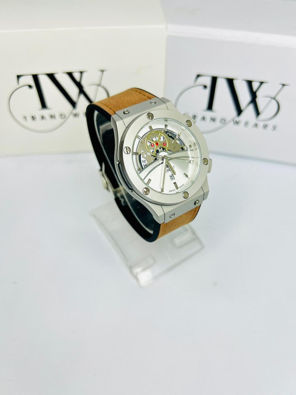 HB Men’s Watch – Brown Leather Strap, White Dial, Luxury Classic Analog Wrist Watch