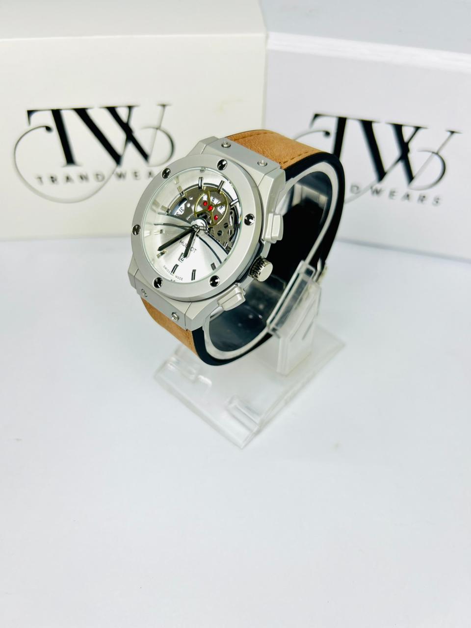 HB Men’s Watch – Brown Leather Strap, White Dial, Luxury Classic Analog Wrist Watch