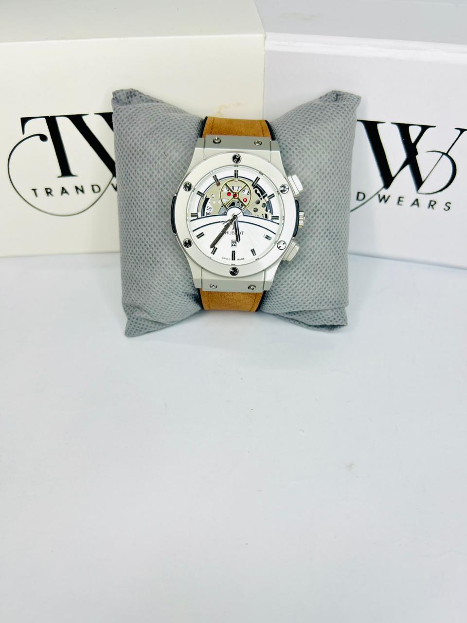 HB Men’s Watch – Brown Leather Strap, White Dial, Luxury Classic Analog Wrist Watch