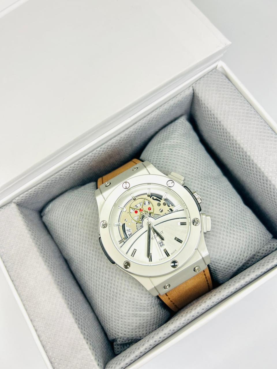 HB Men’s Watch – Brown Leather Strap, White Dial, Luxury Classic Analog Wrist Watch
